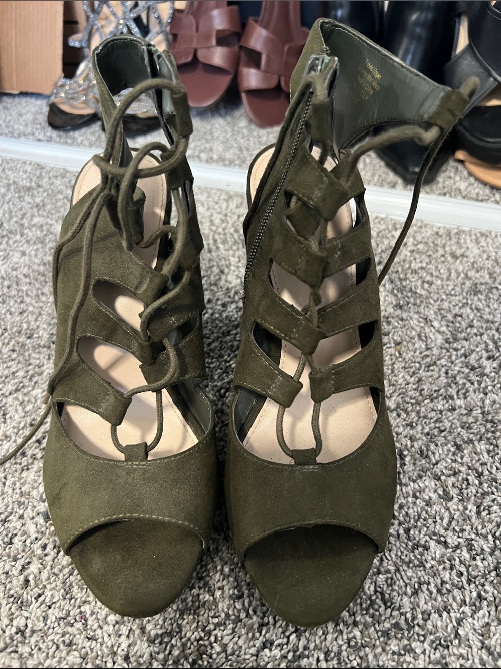 Bar III Olive Lace-Up Suede Peep-Toe Heels
